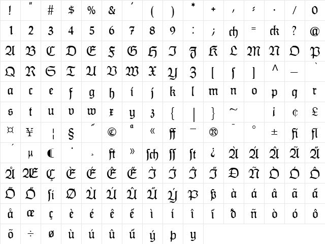 HumboldtFraktur Regular  glyph index