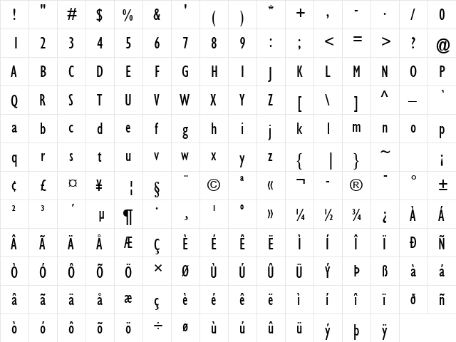 GillSans Condensed Regular  glyph index