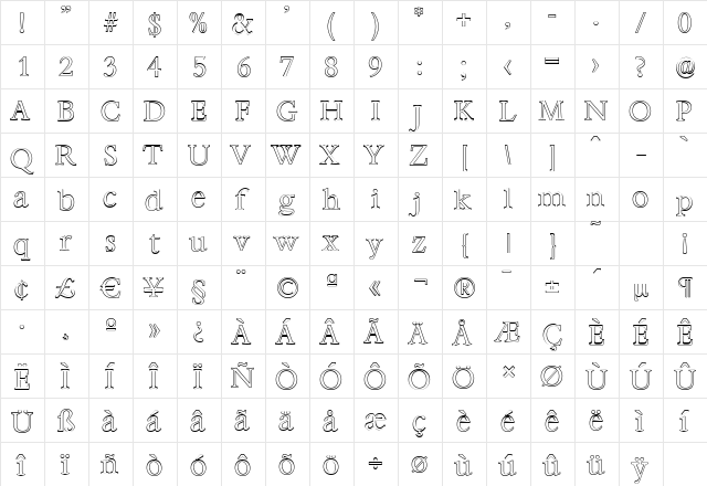 BernsteinOutline-Light Regular  glyph index