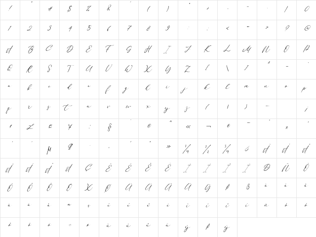 California Signature Italic Regular  glyph index