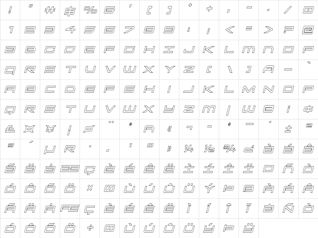 Sky Ridge Condensed Out Italic Regular  glyph index