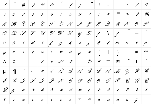 ElegantHandOne Bold  glyph index