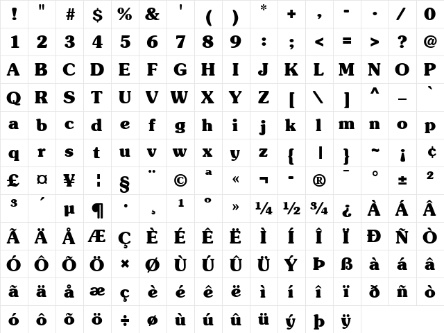 Souvenir LT Medium Bold  glyph index