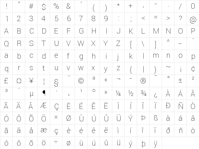 Roboto Thin  glyph index