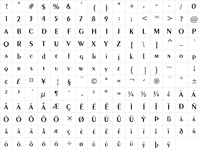 Exotc350 DmBd BT Demi-Bold  glyph index