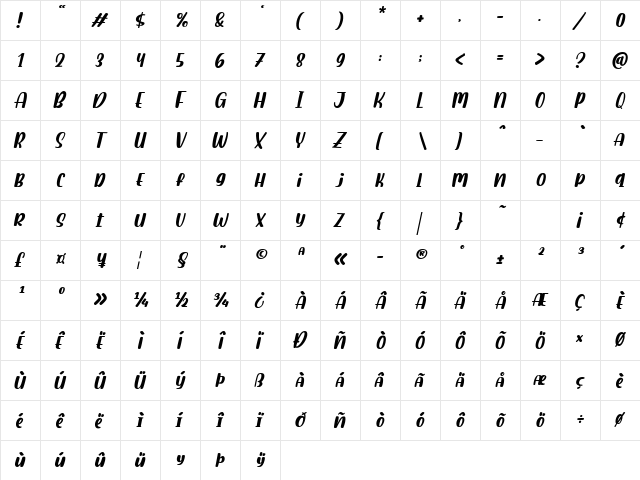 Baimbo Italic  glyph index