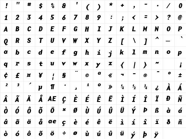 BaseMonoWide BoldItalic  glyph index
