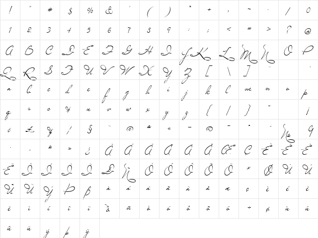Miss Le Gatees Regular  glyph index