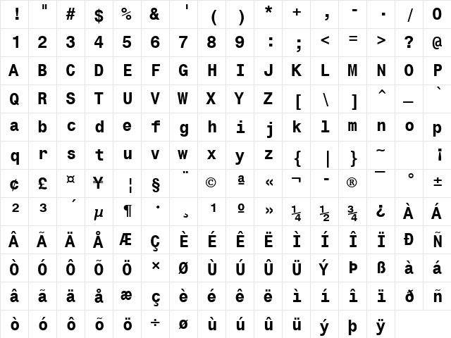 Monospac821 Win95BT Bold  glyph index