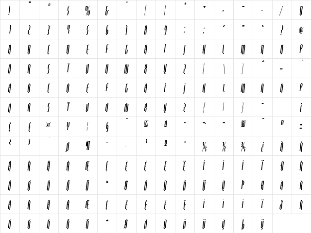 QuasariaLL Oblique  glyph index