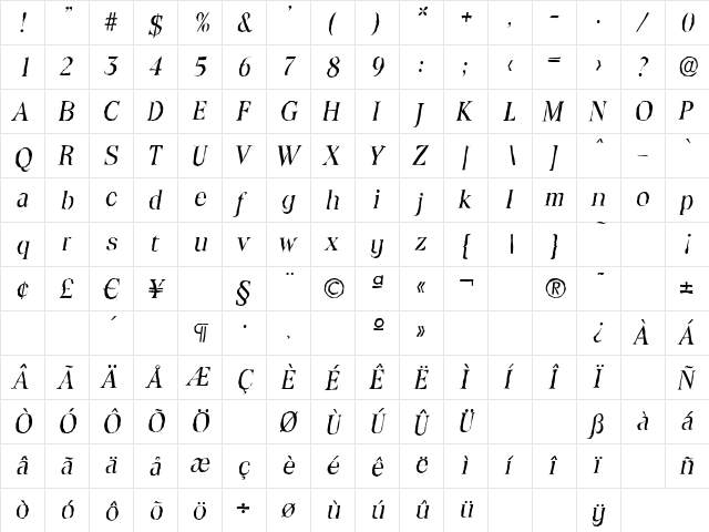 ToledoAntique Italic  glyph index