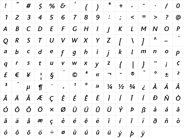 Bliss Regular  glyph index