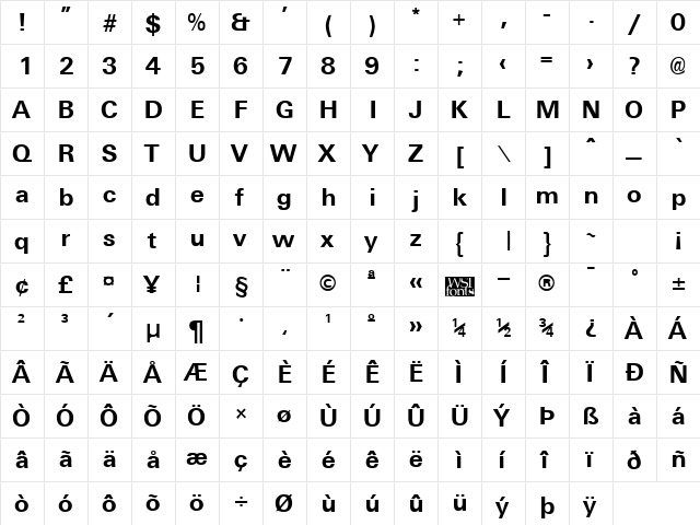 Universal Bold  glyph index