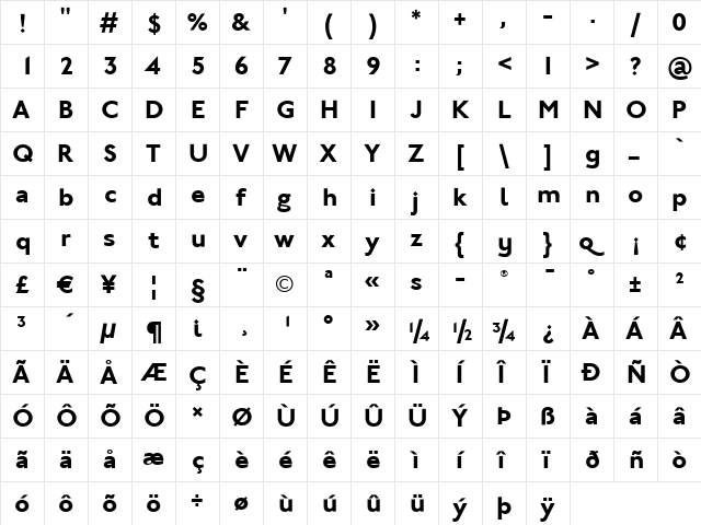 Johnston ITC Bold  glyph index