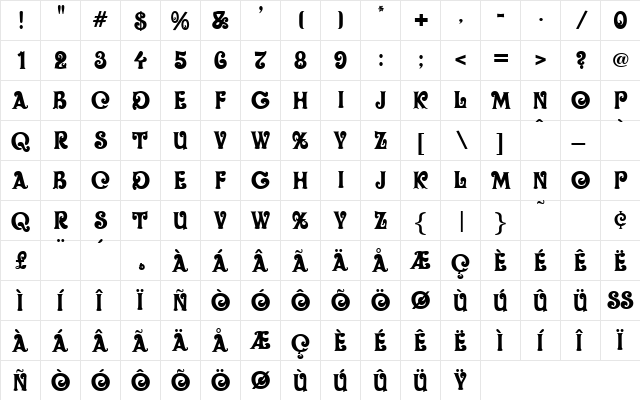 OliveOil Regular  glyph index