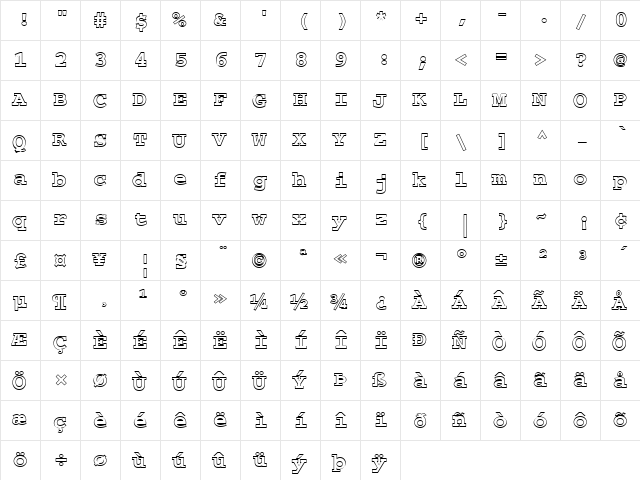 FZ BASIC 54 HOLLOW Bold  glyph index