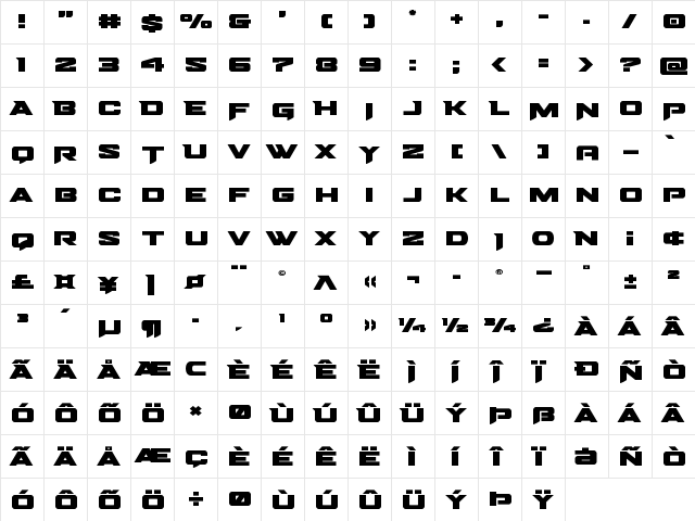 Bomber Escort Expanded Regular  glyph index