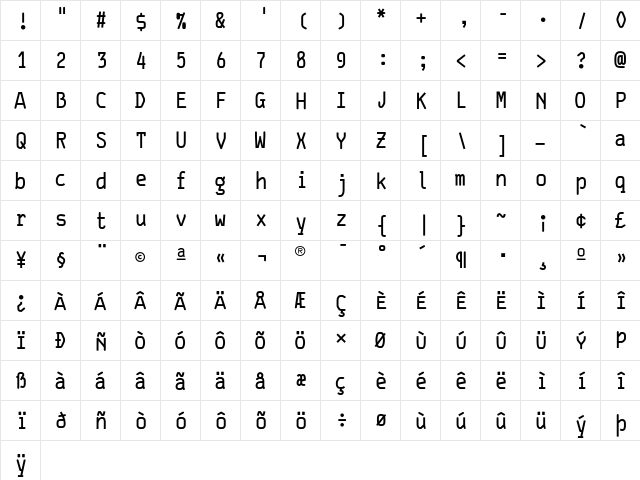 HardCase LightCondensed  glyph index