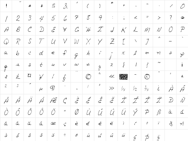 TashasHand Regular  glyph index