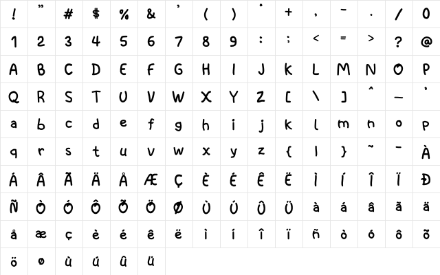 Space kids Regular  glyph index