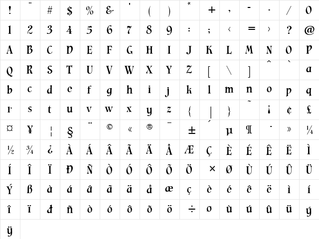 Cavalier Regular  glyph index