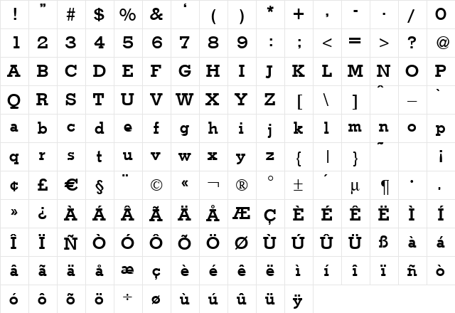 Stymie Bold  glyph index
