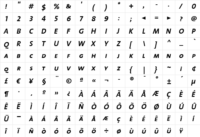 TheMix Bold Italic  glyph index