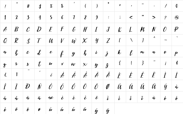 Corolla Regular  glyph index