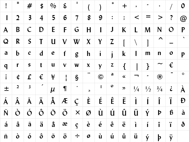 Lydian BT Bold  glyph index