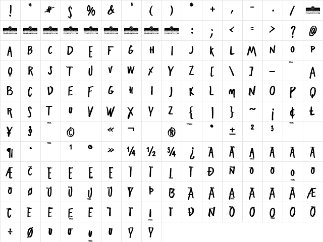 Freehand Blockletter Bold  glyph index