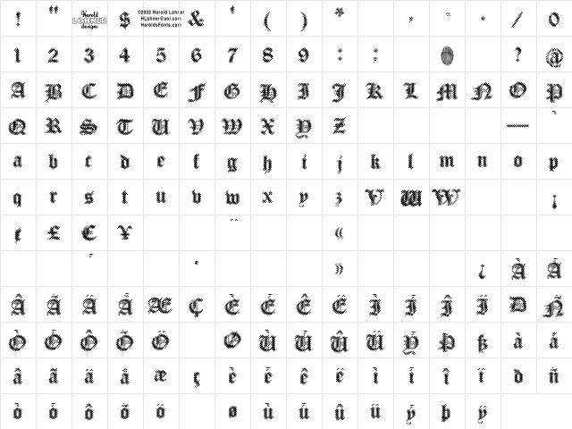 PalimpsestDark Regular  glyph index