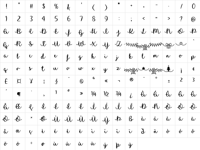 I Love Glittermas Regular  glyph index