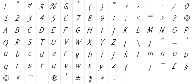 ArtemiusSans Light TT Regular Italic  glyph index