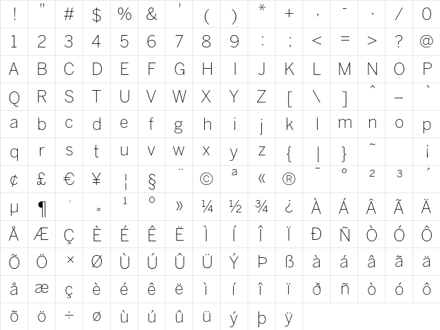 BentonSans ExtraLight Regular  glyph index