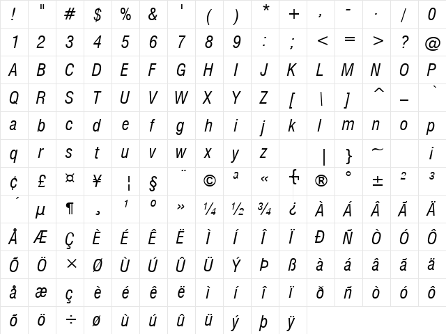 HalvettCondensed Italic  glyph index