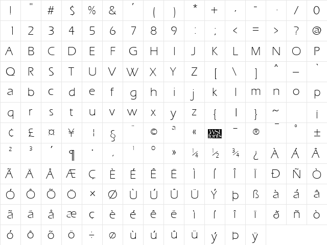 ErgoeLight Regular  glyph index