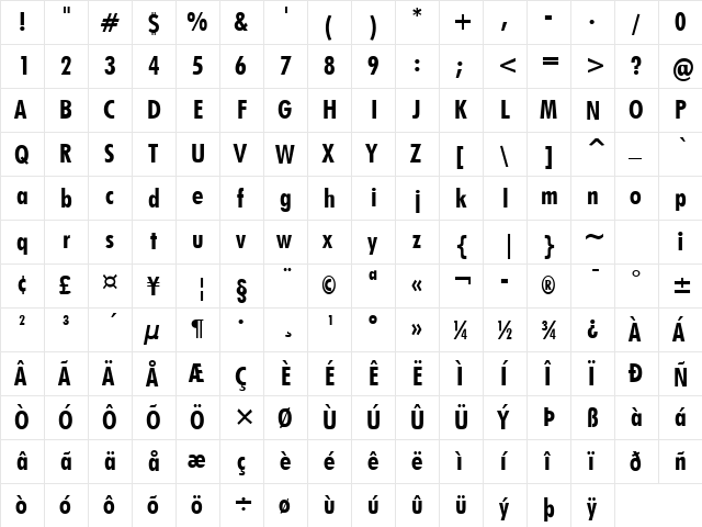 Futuri Condensed Bold  glyph index