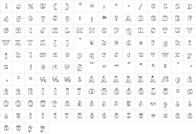 PT Cozy Outline Normal  glyph index