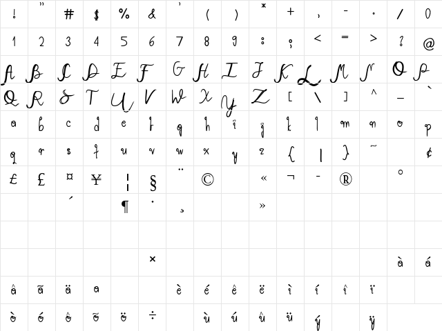 Mary Quincy Regular  glyph index