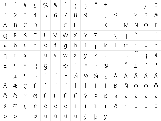 Frutus T Light Regular  glyph index