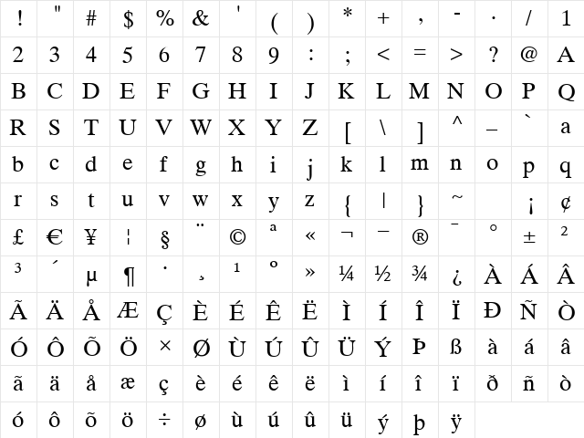 RomanEleven Regular  glyph index