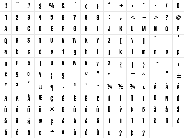 Triumvirate Extra Compressed Regular  glyph index