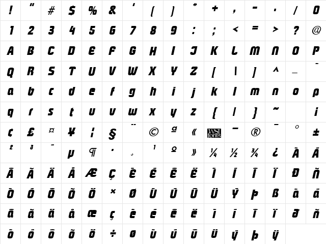 PloverBlack Italic  glyph index