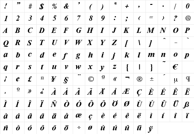 Riccione-DemiBoldIta Regular  glyph index