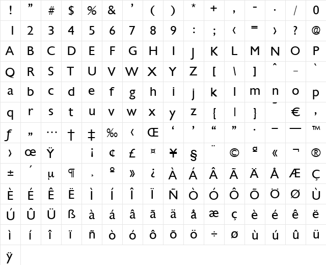 Chantilly-Regular Regular  glyph index