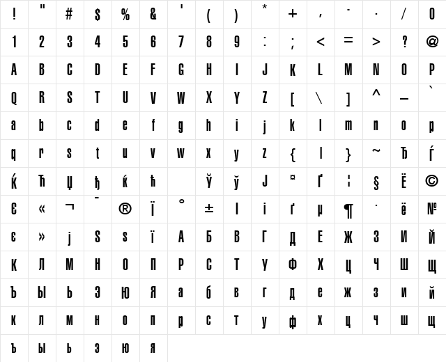 AGLettericaUltraCompressed Roman  glyph index