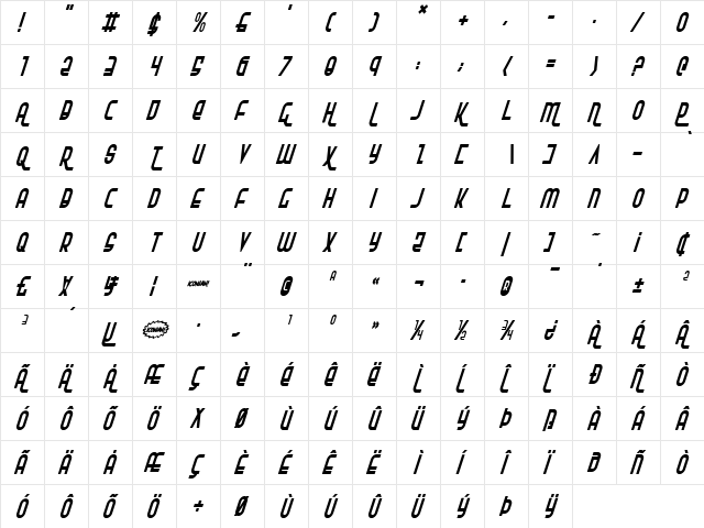 Ro'Ki'Kier Condensed Italic Condensed Italic  glyph index
