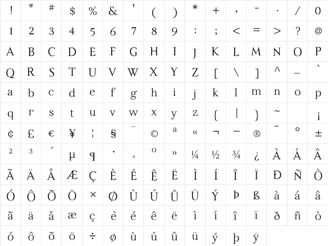 Felina SerifLight Regular  glyph index