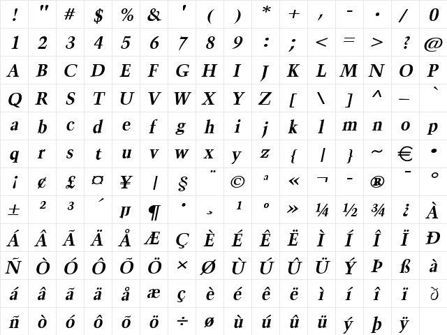 HornWide BoldItalic  glyph index