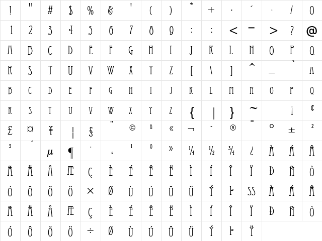 Artist-Modern Regular  glyph index